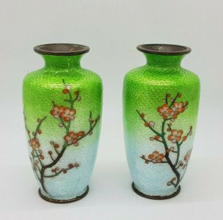 Rare Antique Miniature Pair Japanese Cloisonne Enamel Green Vases
