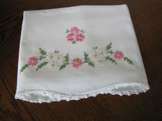 Vintage Single Pillowcase Embroidered Crocheted Garland Of Pink & White Asters