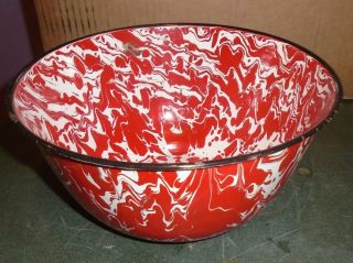 Vintage Red White Swirl Graniteware Bowl Black Rim 9 3/4 "
