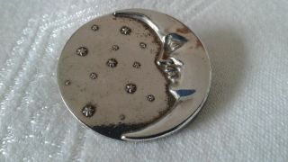 A Vintage Unmarked Silver??? Silver Tone Moon Face With Stars Brooch Pin