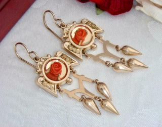 Rare Pair C1870 Antique Victorian 10k Gold Gf Coral Roses Dangle Earrings