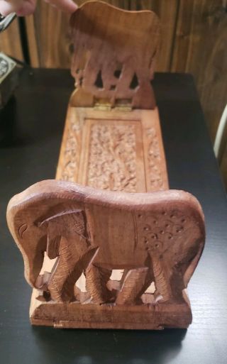 Vintage Hand Carved Elephant Bookends Extendable Wooden Made In India Unique