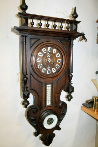 Antique Wall French Clock Walnut Henry Ii 1880th With Thermometer And Barometer