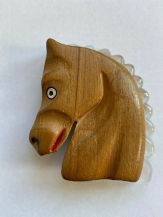 Large Vintage Carved Wooden Horse Head Pin,  Elzac Likely,  Lucite Mane,  1940 