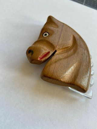 Large Vintage Carved Wooden Horse Head Pin,  Elzac likely,  Lucite mane,  1940 ' s 2