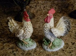 Vintage Pair Ceramic Rooster & Hen Figurines Homco 1446