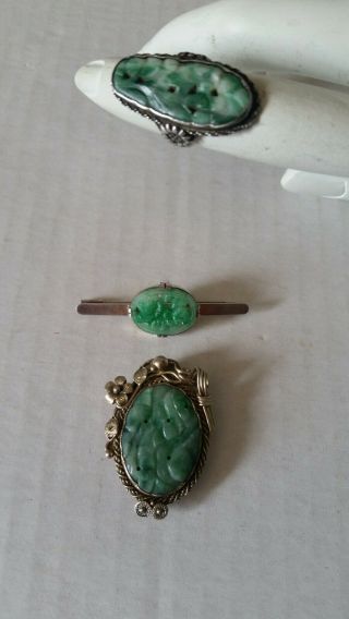 Antique Chinese Carved Jade Sterling Ring,  Pin/clip,  Pin