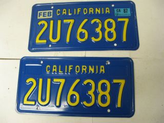 1987 87 California Ca License Plate 2u76387 Pair Natural Sticker