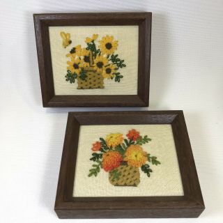 Vtg 70s Crewel Embroidery Set Of 2 Floral Bouquets Framed Completed 6 " X5 " Yellow