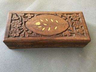 Vtg Hand Carved Wood Floral Jewelry Small Wooden Trinket Box