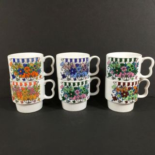 Set Of 6 Vintage Mid Century Mod Stacking Coffee Mugs Retro Flower Cart Japan