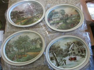 Vintage Currier And Ives The American Homestead 1868 Tin Trays Four Seasons