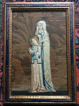 Antique Silk Work Picture Of St Elizabeth And Mary.  Early 19th Century