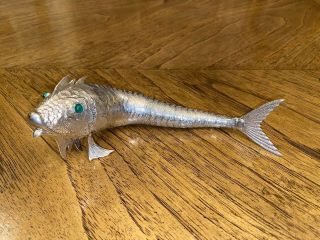 Very Rare Sterling Silver 925 Articulated Fish Figurine Green Glass Eyes