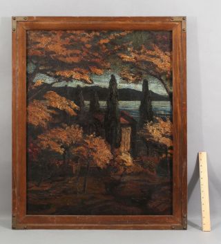Large Antique American Arts & Crafts Wooded Landscape Oil Painting & Frame Nr