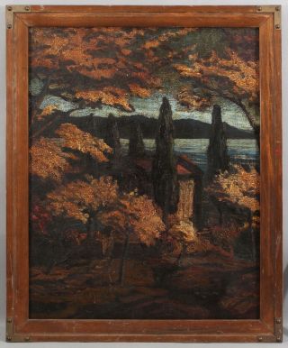 Large Antique American Arts & Crafts Wooded Landscape Oil Painting & Frame NR 2