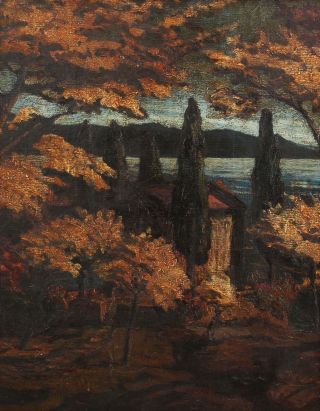Large Antique American Arts & Crafts Wooded Landscape Oil Painting & Frame NR 3
