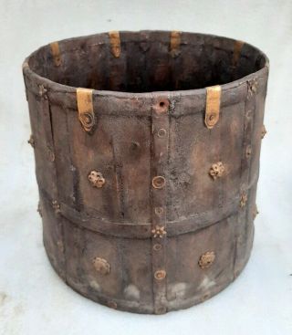 Antique Old Handcrafted Wood Iron Tribal Primitive Kitchen Grain Measurement Pot