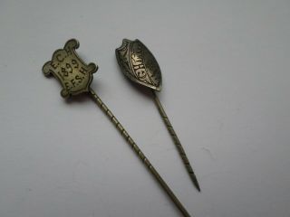 2 Antique Victorian Initialled Shield Style Silver Topped Stick Or Tie Pin