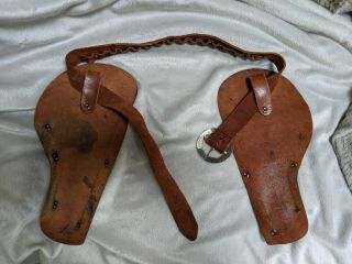 Vintage Western Cowboy Kids Toy Leather 2 Gun Holster rivets & rhinestones 1930s 2
