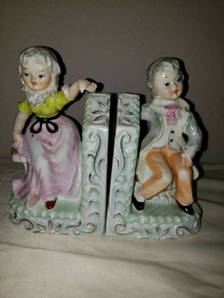 Vintage Pair Wales Ceramic Victorian Couple Figurine Bookends