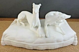 Antique Art Deco Two Whippet Dogs On Pillow White Porcelain Bisque Figurine