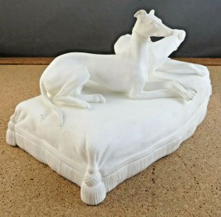 Antique Art Deco Two Whippet Dogs on Pillow White Porcelain Bisque Figurine 2