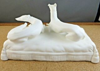 Antique Art Deco Two Whippet Dogs on Pillow White Porcelain Bisque Figurine 3