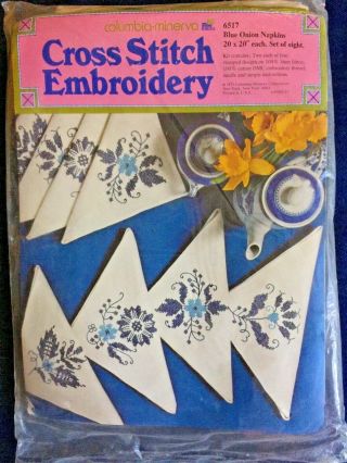 Cross Stitch Embroidery Kit Blue Onion Linen Napkin Set Of 8 Vintage