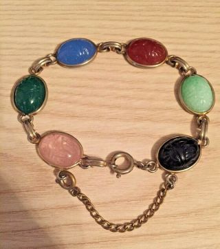 Lovely Vintage Multi - Colored Stones Scarab Bracelet W/ Safety Chain & Clasp 7.  5 "
