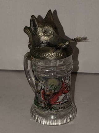 Vintage Bmf German Pewter Fox Head Glass Beer Stein Mustache Schnapskrugerl Mini