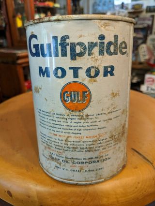 Vintage Gulf Gulfpride Motor Oil 1 Quart All Metal Can 3