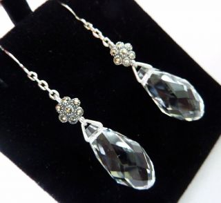 Vintage Art Deco Sterling Silver Marcasite Lead Crystal Drop Earrings