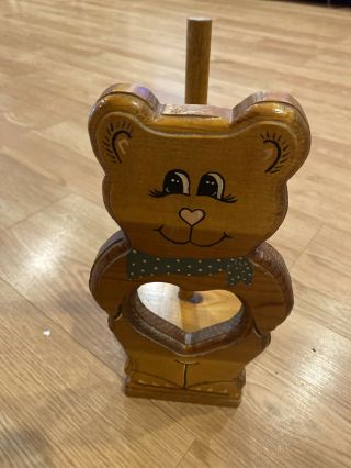 Vintage Country Teddy Bear Hand Painted Solid Wood Paper Towel Holder