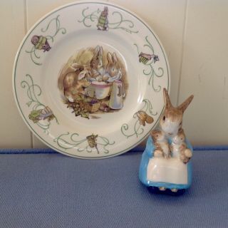 Vintage Royal Albert Figure Mrs Rabbit & Bunnies,  Wedgwood Peter Rabbit Plate Vgc