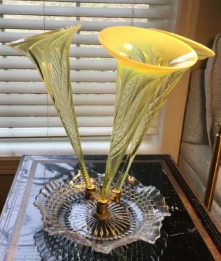Victorian Vaseline Glass Epergne 3 Trumpet Vase Centerpiece Clear Base Yellow