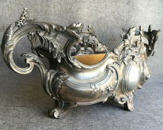Big antique french Art Nouveau planter early 1900 ' s silver plated metal flowers 2