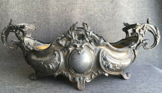 Big antique french Art Nouveau planter early 1900 ' s silver plated metal flowers 3