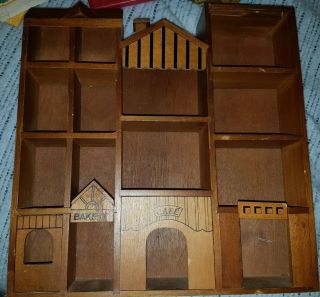 Vintage Wooden House City Town Shaped Shadow Box Curio Miniature Display Case