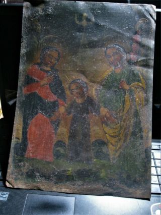 Antique Retablo On Tin With The Image Of The Holy Trinity Good Conditio