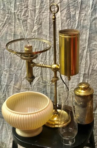 Antique Cleveland Argand Safety Library Study Oil Lamp w/ Mellon Shade & Chimney 3