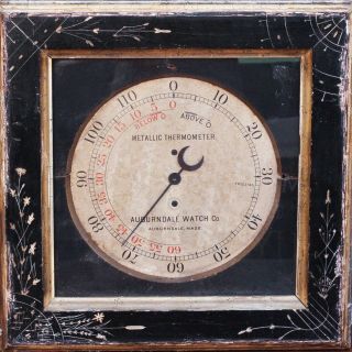 19th C.  Auburndale Watch Co.  Mass.  Victorian Framed Metallic Thermometer