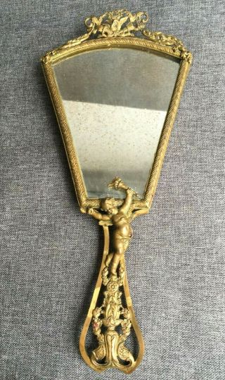 Antique Louis Xvi Style French Hand Mirror Bronze 19th Century Angel Bird
