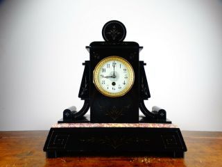Antique Victorian French 8 Day Mantel Clock In Polished Black Slate And Marble