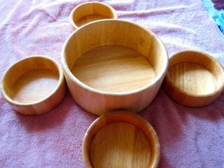 Five - Piece Round Wooden Salad Bowl Set,  Vintage,  Teak Wood