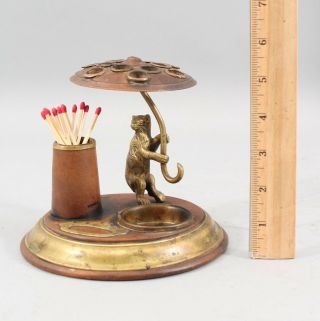 Antique 19thc Wood & Brass Figural Bear Umbrella Cigar & Match Holder,  Nr