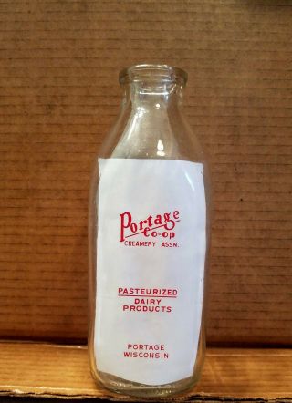Vintage Portage Co - Op Creamery Dairy Quart Milk Bottle Wisconsin Wis Wi 1949