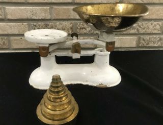 Antique Kitchen Balance Beam Scale Cast Iron Brass With 8 Weights Copper Pan