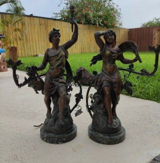 2 Antique Bronzed Metal Sculpture Lamps By Emile Bruchon France
