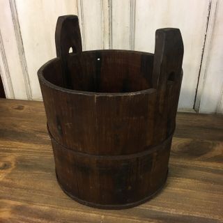 Primitive Antique Wooden Well Bucket Iron Staved Brackets Pale Planter Rustic